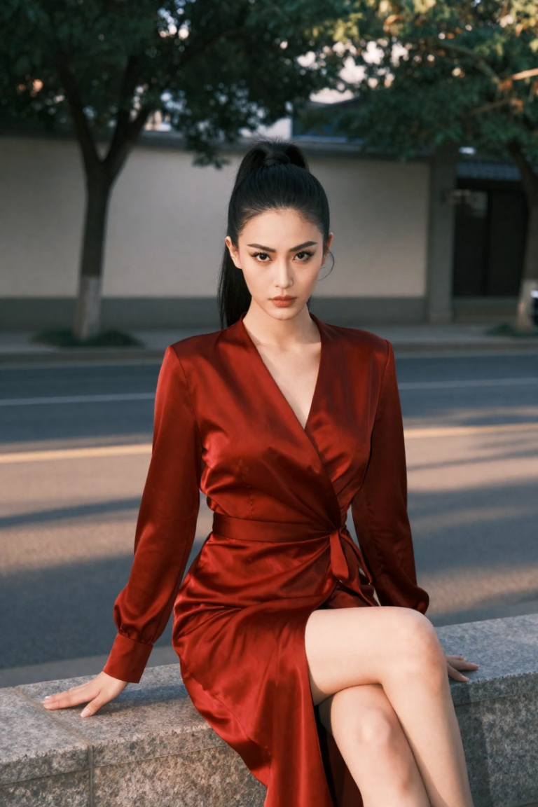 Fictional 29-year-old muse in a scarlet satin wrap dress seated on the HuarenCity avenue